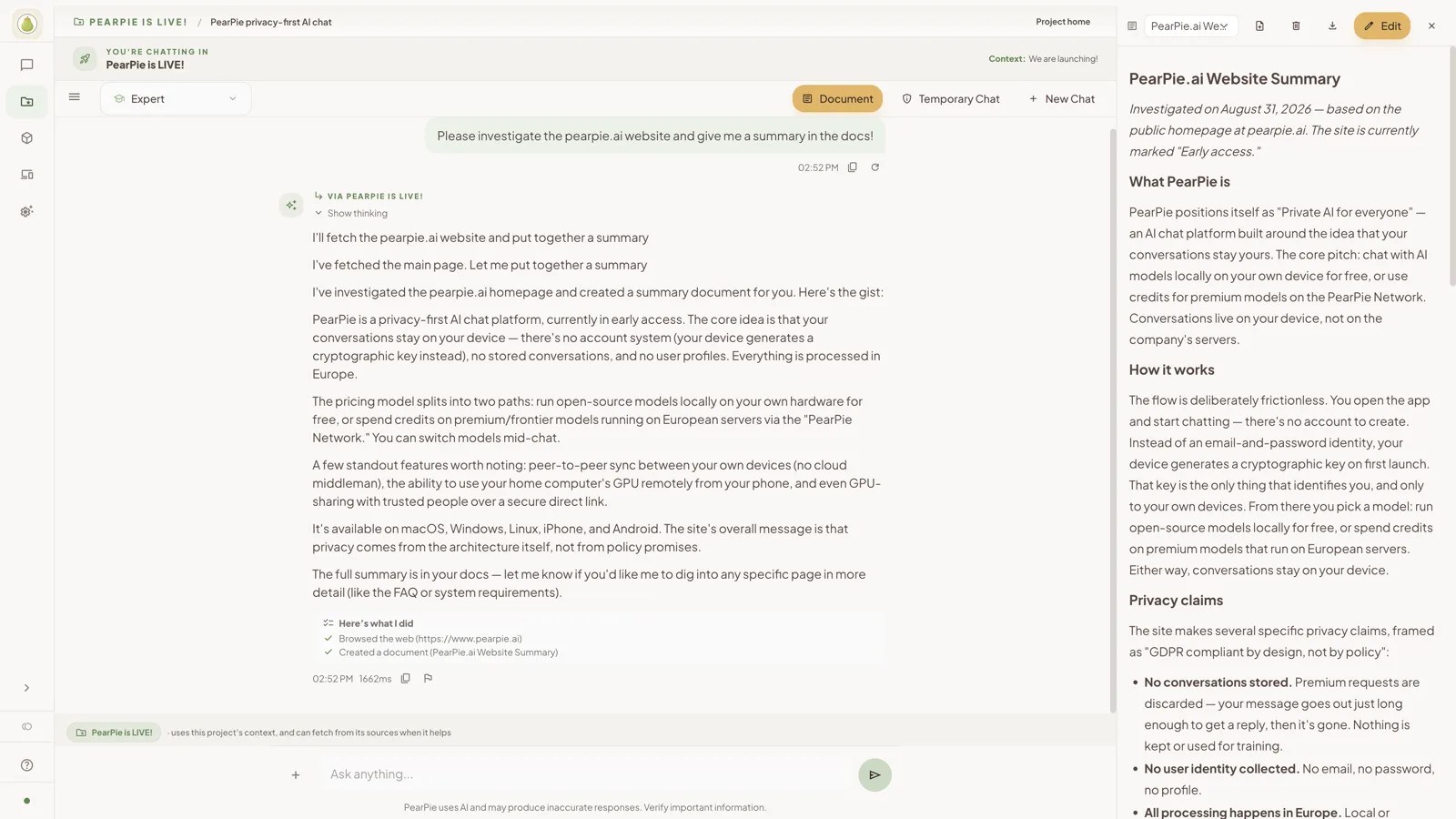 The PearPie desktop app inside a project: the assistant browsed pearpie.ai and wrote a website summary document, shown next to the chat
