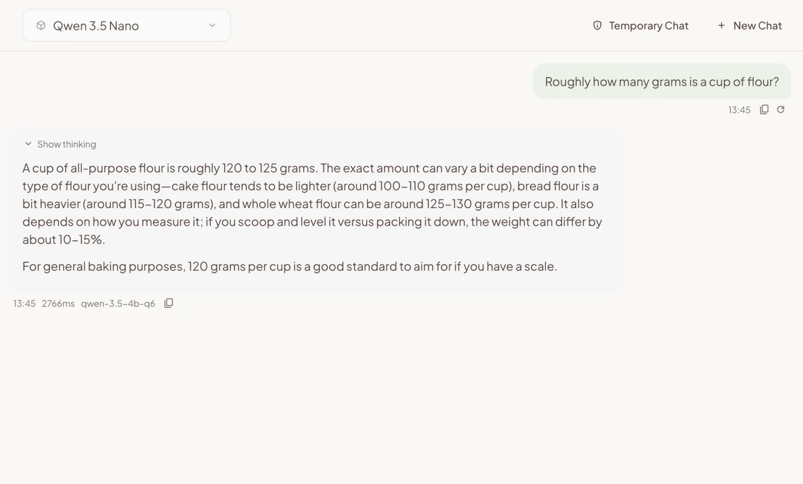 PearPie chat answering a quick baking question with a local open-source model running on this device
